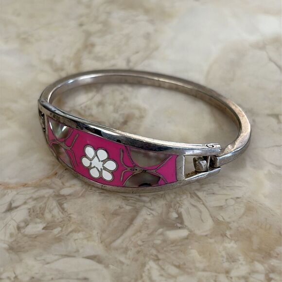 Vintage Taxco Mexico Silver Tone Abalone Shell Butterfly Bangle Child's Bracelet - Picture 3 of 7